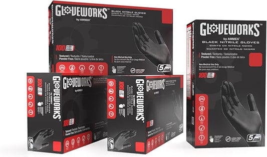 GLOVEWORKS Black Disposable Nitrile Industrial Gloves 5 Mil, Latex/Powder-Free, Food-Safe, Textured