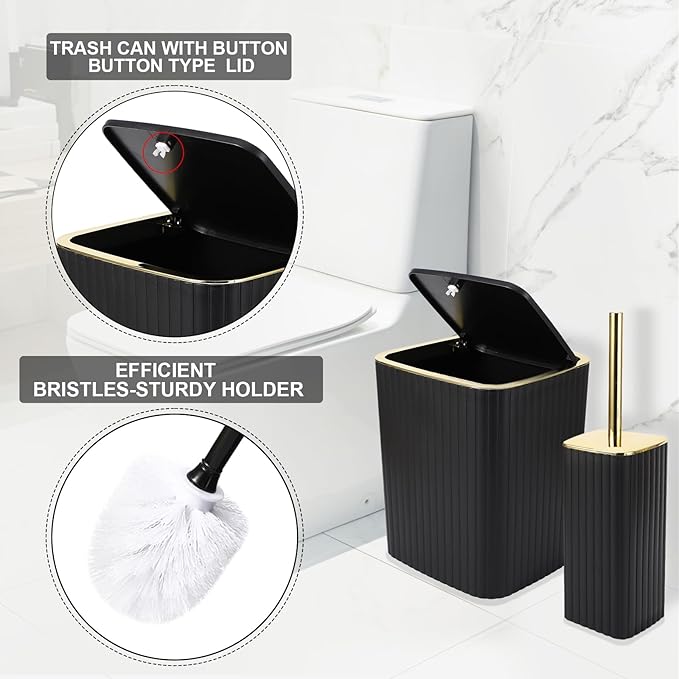 XLHOMO Bathroom Accessories Set - Gorgeous Black Bathroom Set, 10PC Bathroom Accessory Set, Toilet Brush, Trash Can, Qtip Holder Dispenser & Soap Dispenser