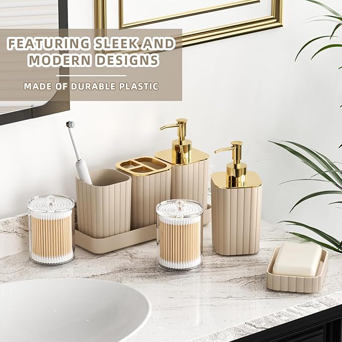 XLHOMO Bathroom Accessories Set - 25PC Bathroom Sets with Shower Curtain and Rugs, Beige Bathroom Accessories with Trash Can, Soap Dispenser, Soap Dish & Toilet Brush