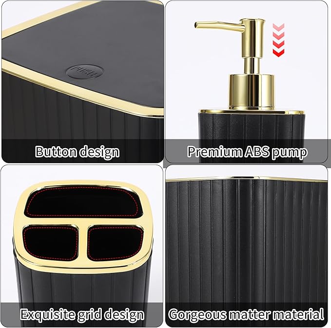 XLHOMO Bathroom Accessories Set - Gorgeous Black Bathroom Set, 10PC Bathroom Accessory Set, Toilet Brush, Trash Can, Qtip Holder Dispenser & Soap Dispenser