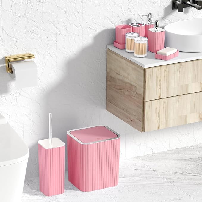 XLHOMO Pink Bathroom Accessories Set - Gorgeous Bathroom Set, 10PC Bathroom Accessory Set, Toilet Brush, Trash Can, Qtip Holder Dispenser & Soap Dispenser