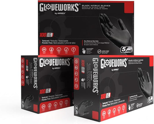 GLOVEWORKS Black Disposable Nitrile Industrial Gloves 5 Mil, Latex/Powder-Free, Food-Safe, Textured