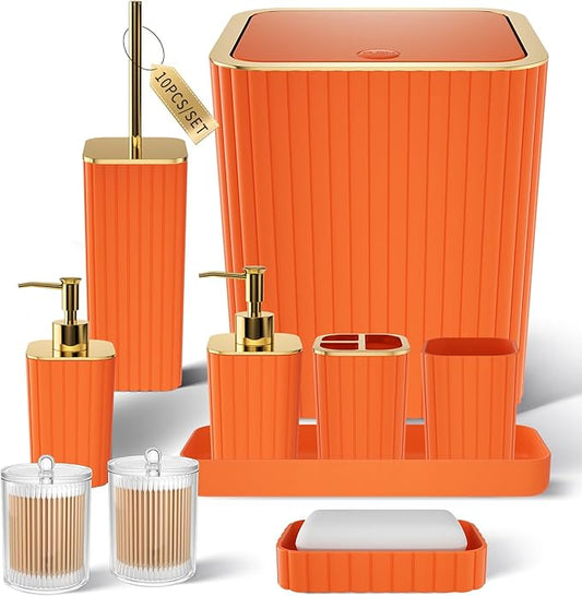 XLHOMO Bathroom Accessories Set - Gorgeous Bathroom Set, 10PC Orange Bathroom Accessory Set, Orange Bathroom Sets, Toilet Brush, Trash Can & Soap Dispenser