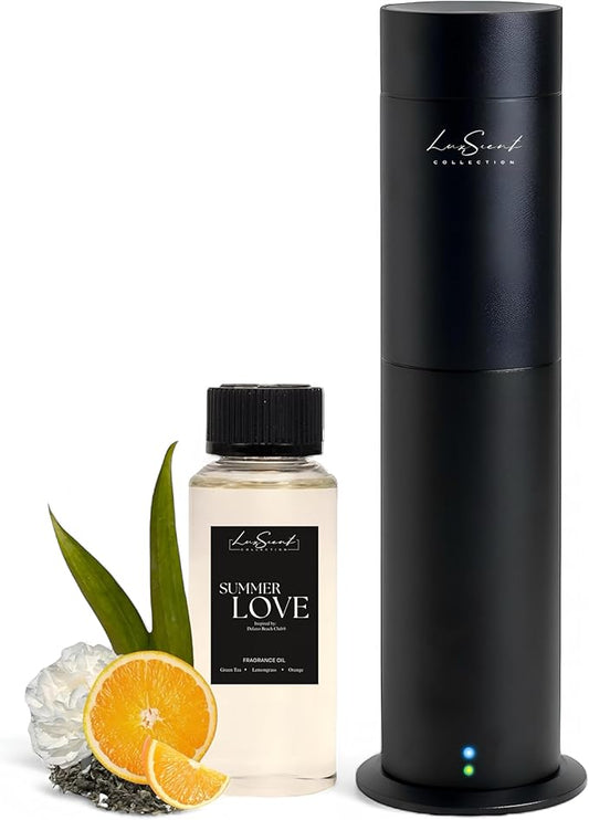 Aroma Scent Diffuser Starter Kit for Up to 1000SQ. FT. Coverage - 120ML Waterless Essential Oil Scent Included - Luxury Aroma Diffuser Ideal for Home, Office & Hotel (Black, Summer Love)