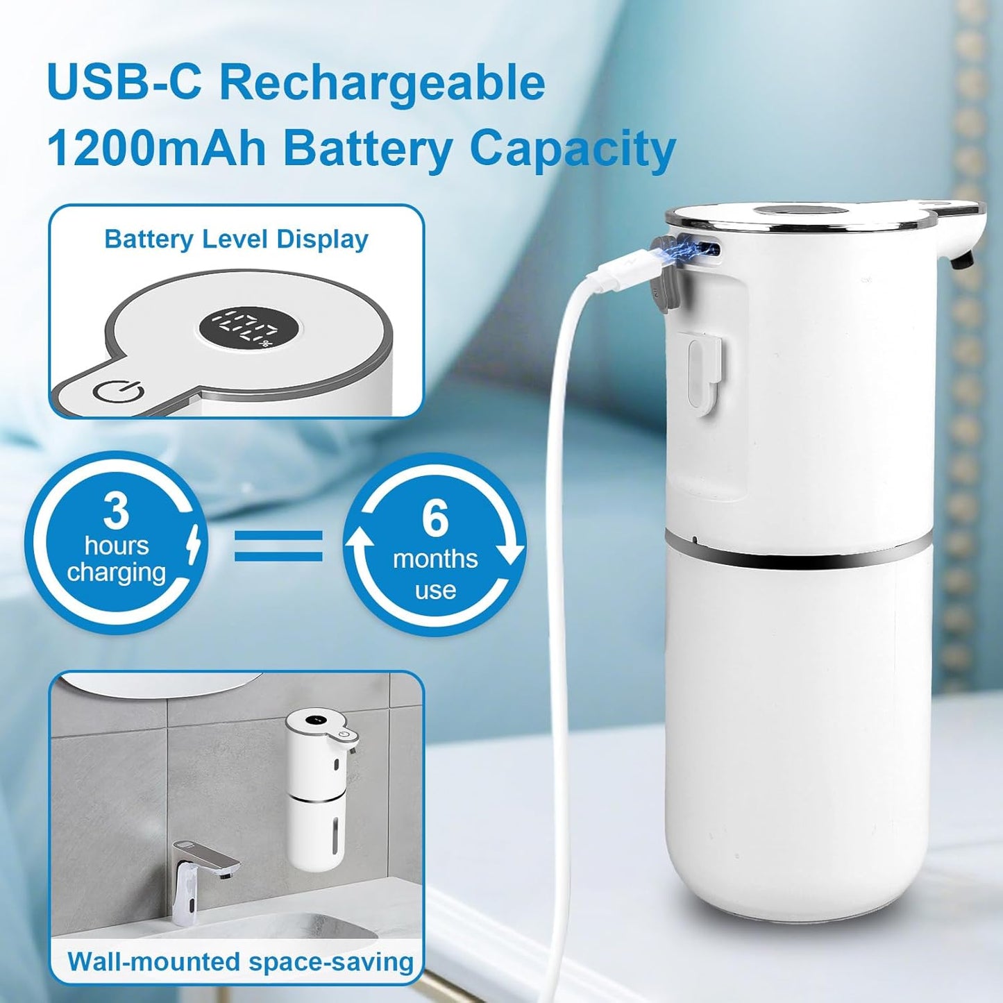 Automatic Touchless Soap Dispenser – USB Rechargeable Smart Liquid Dispenser, 6 Level Adjustable
