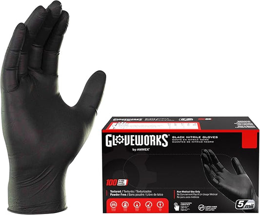 GLOVEWORKS Black Disposable Nitrile Industrial Gloves 5 Mil, Latex/Powder-Free, Food-Safe, Textured