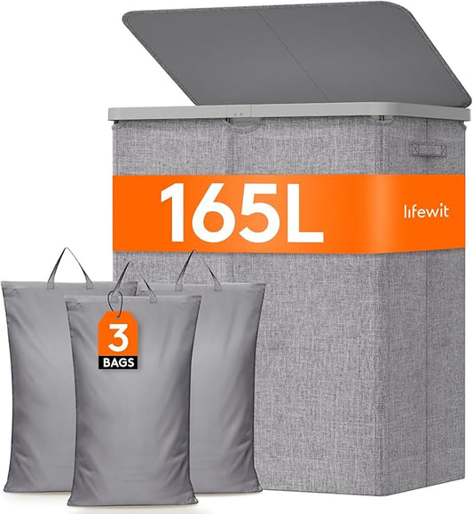 Lifewit 165L Laundry Basket with Lid, Large Laundry Hamper with Plastic Handles and Removable Bag, Foldable Tall Dirty Clothes Hampers for Laundry for Laundry Room, Bedroom, Bathroom, Dorm, Light Gray