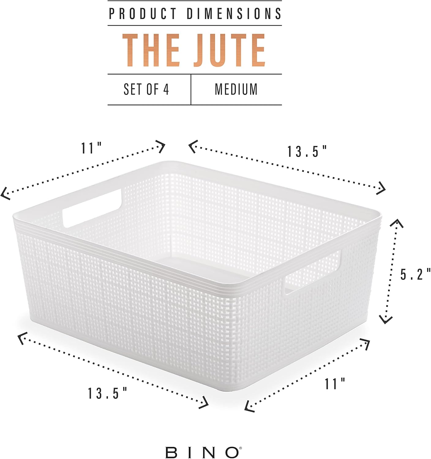 BINO | Woven Plastic Basket | Medium (White), 4-Pack | THE JUTE COLLECTION | Home Organization, Space - Saving Storage, Stylish Design | Jute Basket | Plastic Storage Basket