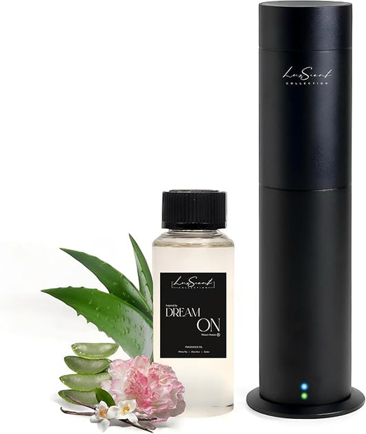 Aroma Scent Diffuser Starter Kit for Up to 1000SQ. FT. Coverage - 120ML Waterless Essential Oil Scent Included - Luxury Aroma Diffuser Ideal for Home, Office & Hotel (Black, Dream On)