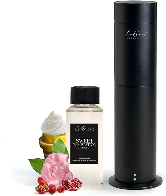 Aroma Scent Diffuser Starter Kit for Up to 1000SQ. FT. Coverage - 120ML Waterless Essential Oil Scent Included - Luxury Aroma Diffuser Ideal for Home, Office & Hotel (Black, Sweet Temptation)