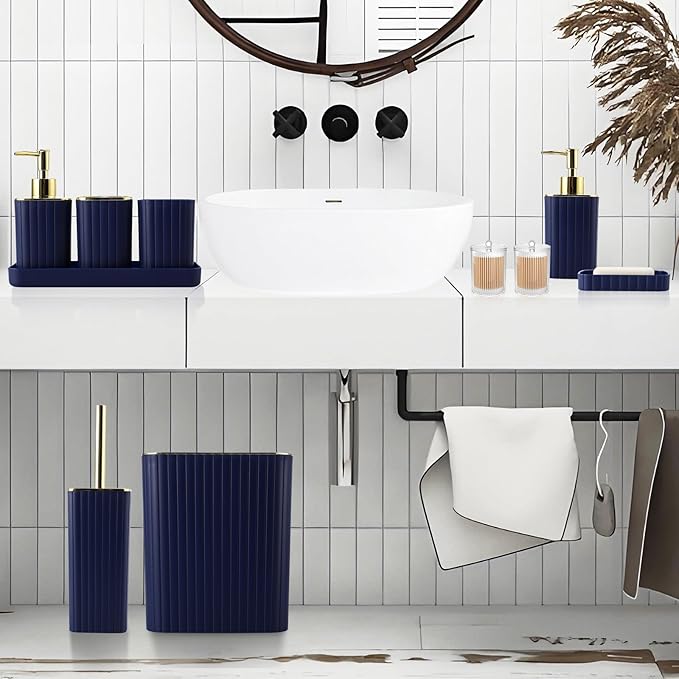 XLHOMO Bathroom Accessories Set - Gorgeous Bathroom Set, 10PC Navy Blue Bathroom Accessory Set, Toilet Brush, Trash Can, Qtip Holder Dispenser & Soap Dispenser