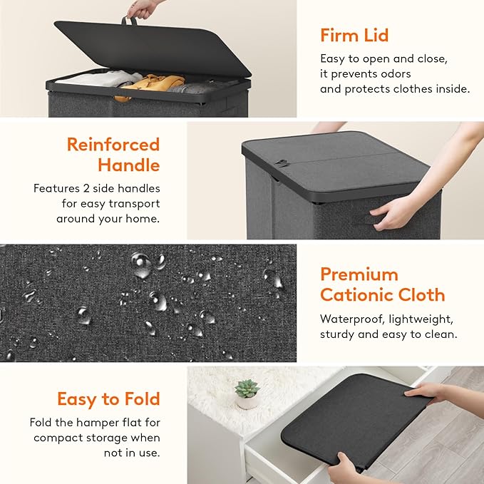 Lifewit 165L Laundry Basket with Lid, Large Laundry Hamper with Plastic Handles and Removable Bag, Foldable Tall Dirty Clothes Hampers for Laundry for Laundry Room, Bedroom, Bathroom, Dorm, Dark Gray