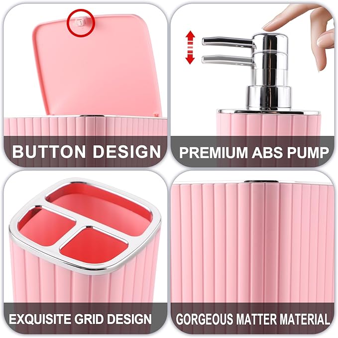 XLHOMO Pink Bathroom Accessories Set - Gorgeous Bathroom Set, 10PC Bathroom Accessory Set, Toilet Brush, Trash Can, Qtip Holder Dispenser & Soap Dispenser