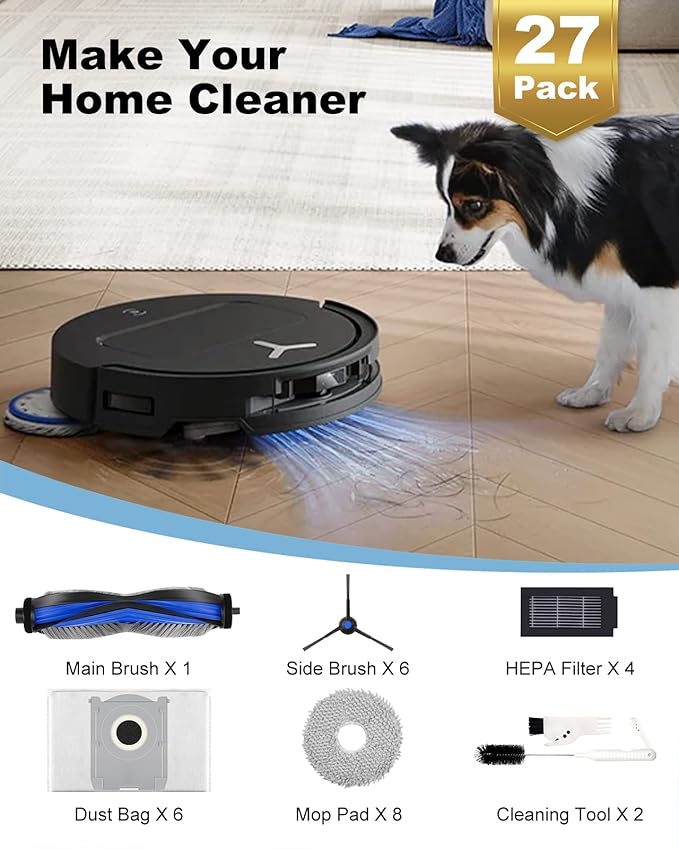 T50 PRO Omni Accessories, 27pcs Replacement Parts Kit for ECOVACS DEEBOT T50 Omni/T50 PRO Omni, Accessory Set with 1 Main Brush, 6 Side Brushes, 8 Mop Pads, 4 HEPA Filters, 6 Dust Bags & Bucket Brush