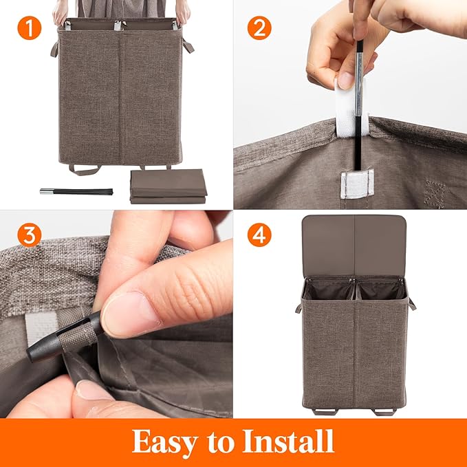 Lifewit Double Laundry Hamper with Lid and Removable Laundry Bags, Large Collapsible 2 Dividers Dirty Clothes Basket with Handles for Bedroom, Laundry Room, Closet, Bathroom, College, 136L Brown