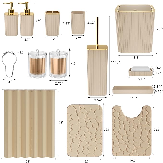 XLHOMO Bathroom Accessories Set - 25PC Bathroom Sets with Shower Curtain and Rugs, Beige Bathroom Accessories with Trash Can, Soap Dispenser, Soap Dish & Toilet Brush