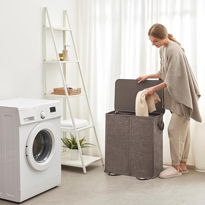 Lifewit Double Laundry Hamper with Lid and Removable Laundry Bags, Large Collapsible 2 Dividers Dirty Clothes Basket with Handles for Bedroom, Laundry Room, Closet, Bathroom, College, 136L Brown