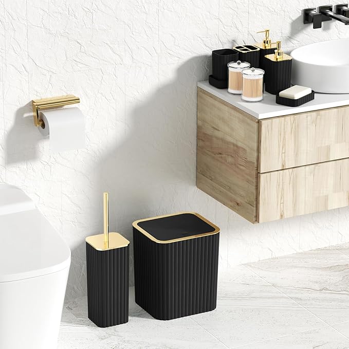 XLHOMO Bathroom Accessories Set - Gorgeous Black Bathroom Set, 10PC Bathroom Accessory Set, Toilet Brush, Trash Can, Qtip Holder Dispenser & Soap Dispenser