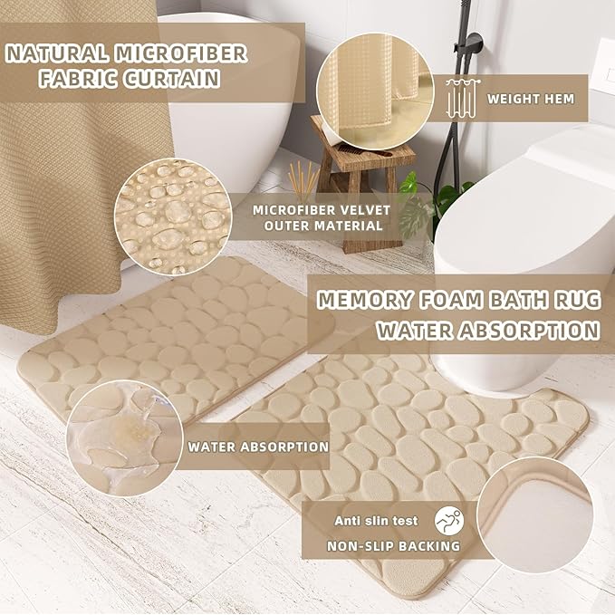 XLHOMO Bathroom Accessories Set - 25PC Bathroom Sets with Shower Curtain and Rugs, Beige Bathroom Accessories with Trash Can, Soap Dispenser, Soap Dish & Toilet Brush