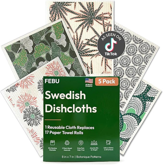 FEBU Swedish Dishcloths for Kitchen | 5 Pack Botanique Reusable Paper Towels Washable | Swedish Dish Towels | Non-Scratch Cellulose Sponge Cloths | No Odor, Biodegradable Cleaning Cloths