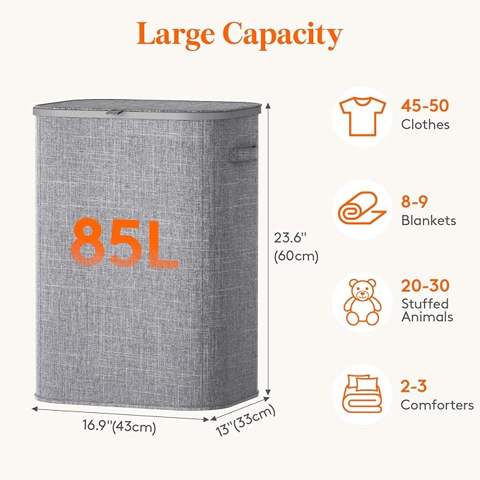 Lifewit 85L Laundry Basket with Lid, Large Laundry Hamper with Plastic Handles and Removable Bag, Foldable Tall Dirty Clothes Hampers for Laundry for Laundry Room, Bedroom, Bathroom, Dorm, Light Gray