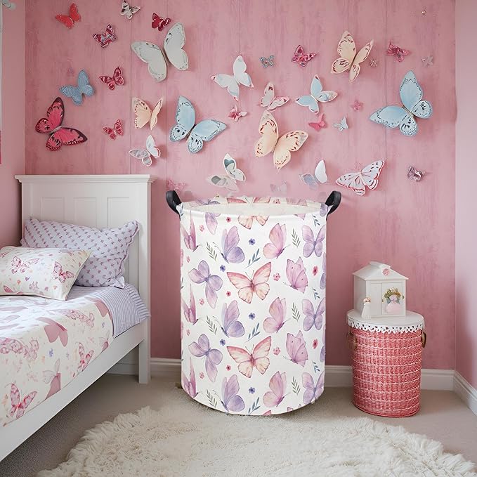 HIYAGON Butterfly Baby Laundry Basket Baby Hamper for Nursery Girl Kids Butterfly Hamper Cute Kids Toys Storage Bin Organizer Butterfly Room Decor for Home(Watercolor Butterfly)