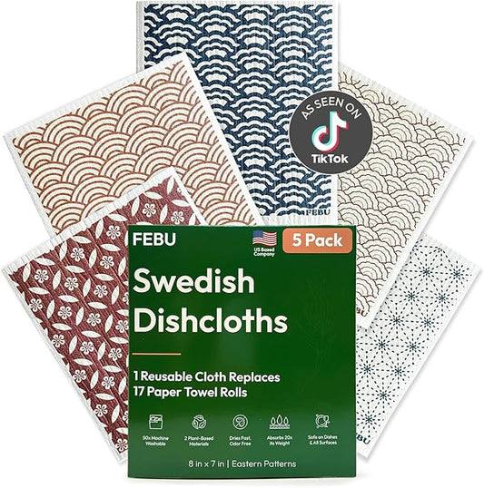 FEBU Swedish Dishcloths for Kitchen | 5 Pack Eastern Reusable Paper Towels Washable | Swedish Dish Towels | Non-Scratch Cellulose Sponge Cloths | No Odor, Biodegradable Cleaning Cloths