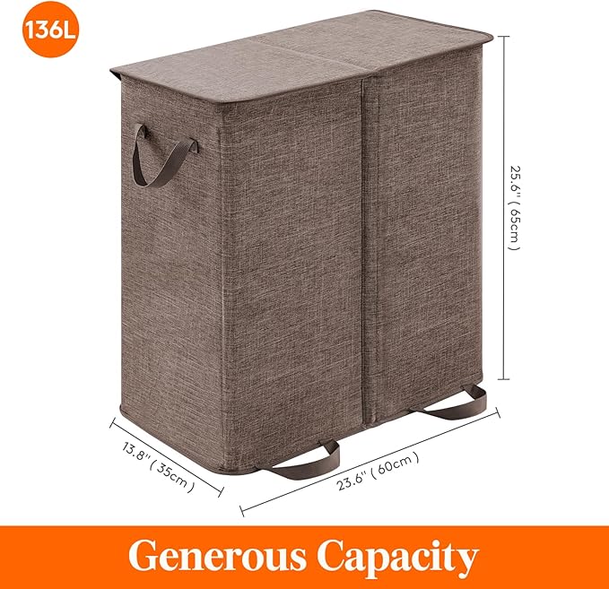 Lifewit Double Laundry Hamper with Lid and Removable Laundry Bags, Large Collapsible 2 Dividers Dirty Clothes Basket with Handles for Bedroom, Laundry Room, Closet, Bathroom, College, 136L Brown