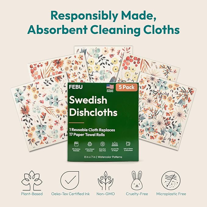 FEBU Swedish Dishcloths for Kitchen | 5 Pack Eastern Reusable Paper Towels Washable | Swedish Dish Towels | Non-Scratch Cellulose Sponge Cloths | No Odor, Biodegradable Cleaning Cloths