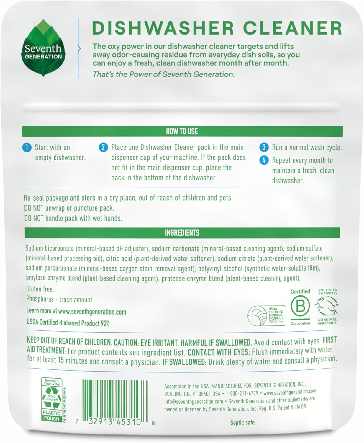 Dishwasher Cleaning Packs 6 Count – Free & Clear, Oxy Power Odor Remover, Vegan Formula