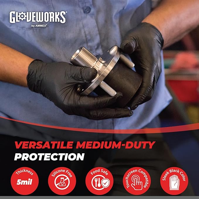 GLOVEWORKS Black Disposable Nitrile Industrial Gloves 5 Mil, Latex/Powder-Free, Food-Safe, Textured