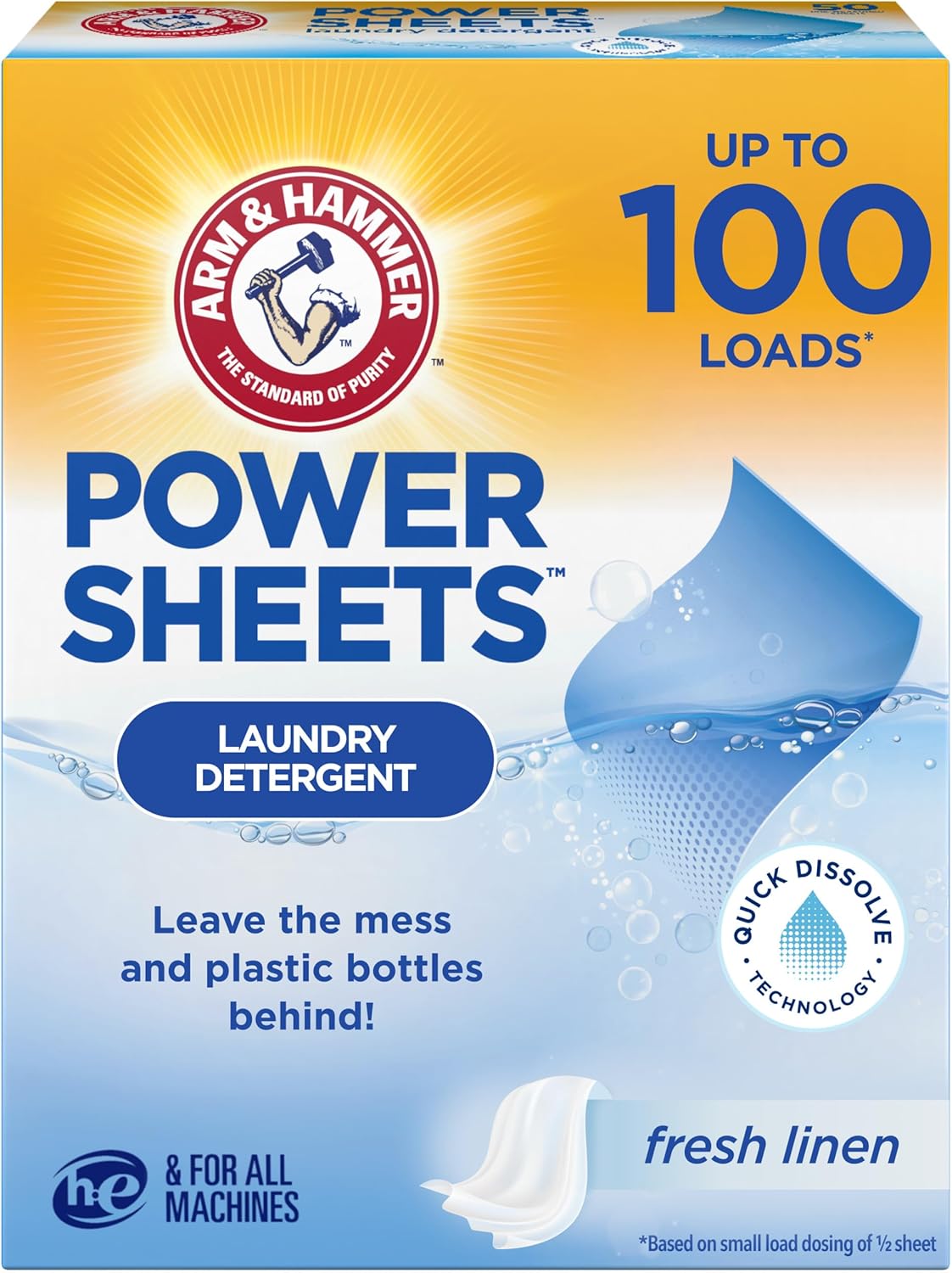 Laundry Sheets Detergent for Cold & HE Wash – Fresh Linen, 50 Sheets