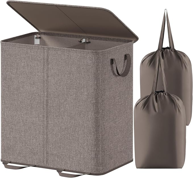 Lifewit Double Laundry Hamper with Lid and Removable Laundry Bags, Large Collapsible 2 Dividers Dirty Clothes Basket with Handles for Bedroom, Laundry Room, Closet, Bathroom, College, 136L Brown