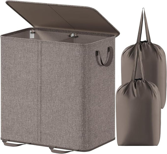 Lifewit Double Laundry Hamper with Lid and Removable Laundry Bags, Large Collapsible 2 Dividers Dirty Clothes Basket with Handles for Bedroom, Laundry Room, Closet, Bathroom, College, 136L Brown
