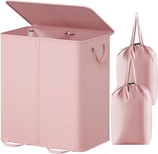 Lifewit Double Laundry Hamper with Lid and Removable Laundry Bags, Large Collapsible 2 Dividers Dirty Clothes Basket with Handles for Bedroom, Laundry Room, Closet, Bathroom, College, 155L Pink