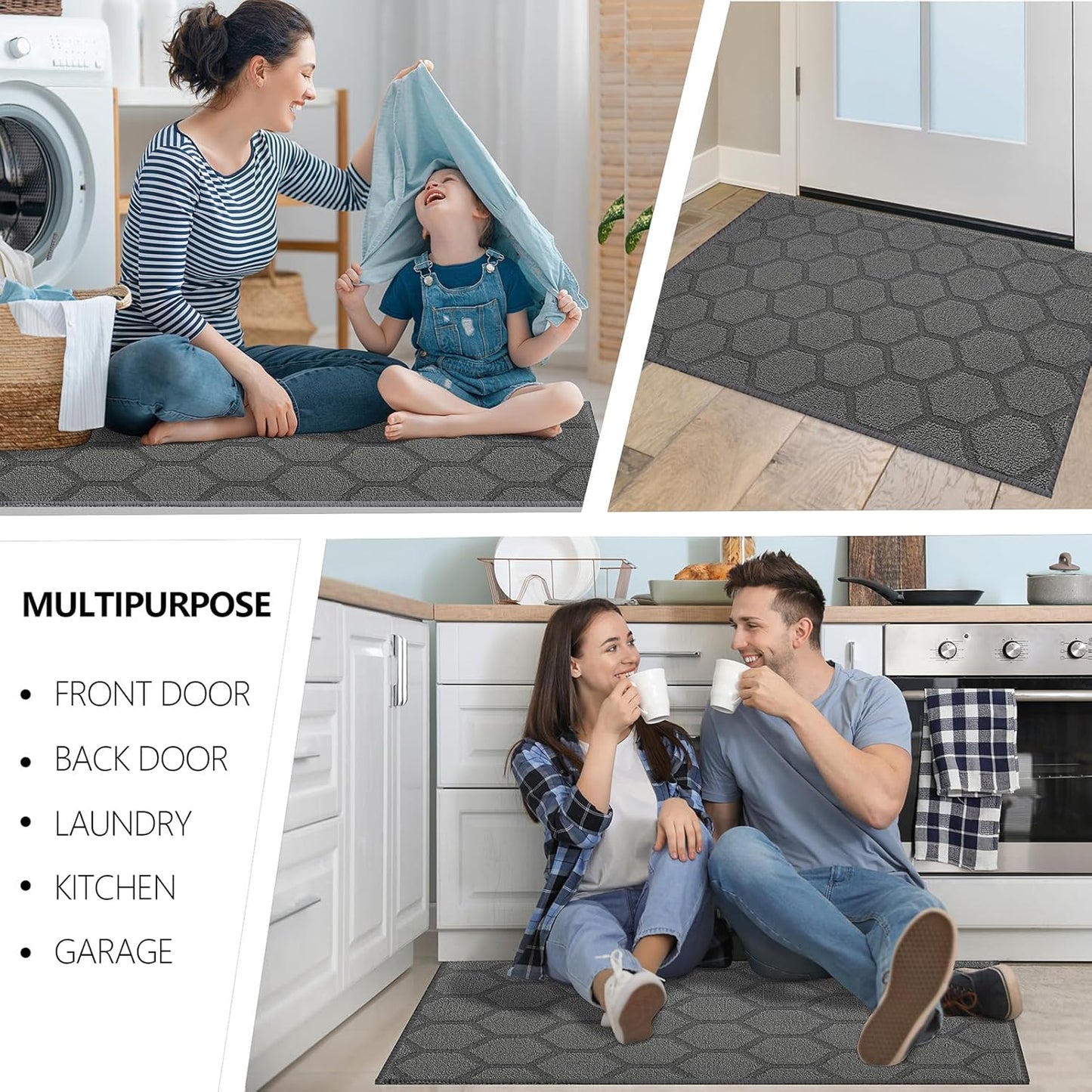 FONEYI Indoor Door Mat, Entrance Rug 24" x 36" Non-Slip Rubber Backing, Machine Washable Entry Rug, Low Profile Absorbent Dirt Trapper Doormat Inside Floor Mats for Entryway, Grey