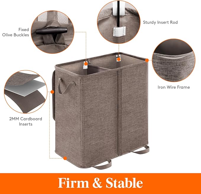 Lifewit Double Laundry Hamper with Lid and Removable Laundry Bags, Large Collapsible 2 Dividers Dirty Clothes Basket with Handles for Bedroom, Laundry Room, Closet, Bathroom, College, 136L Brown