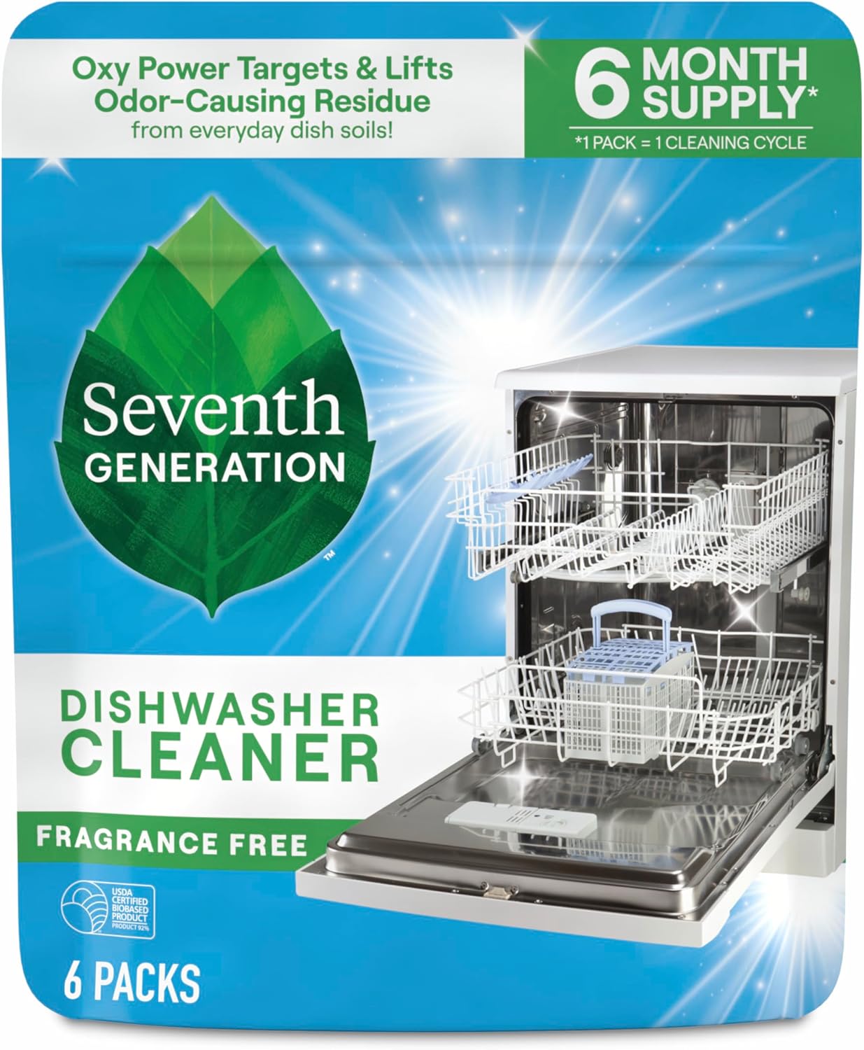 Dishwasher Cleaning Packs 6 Count – Free & Clear, Oxy Power Odor Remover, Vegan Formula