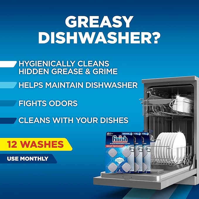 Finish Dishwasher Cleaner Tablets, Deep Cleans Hidden Grease & Grime, Fights Odors, No Extra Wash Cycle, Helps Maintain Dishwasher, 12 Month Supply, 12 Count