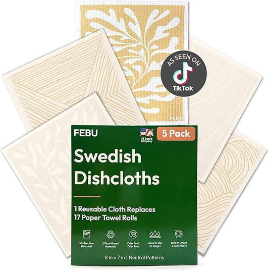 FEBU Swedish Dishcloths for Kitchen | 5 Pack Neutral Reusable Paper Towels Washable | Swedish Dish Towels | Non-Scratch Cellulose Sponge Cloths | No Odor, Biodegradable Cleaning Cloths