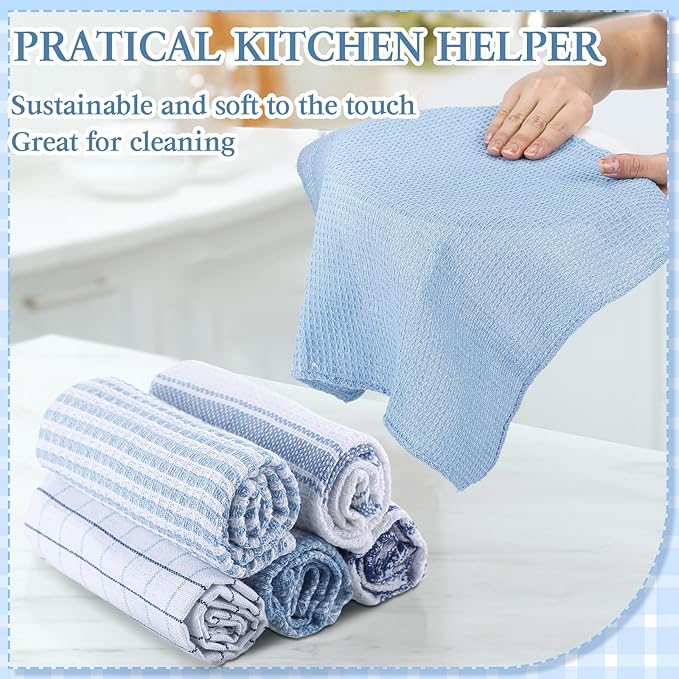 Patelai 12 Pcs Kitchen Dish Cloths for Washing Dishes Absorbent Dish Rags Cleaning Reusable Towels for Scrubbing Wipe Glass Xmas Home Household Supplies(Blue,13.8'' X 13.8'')