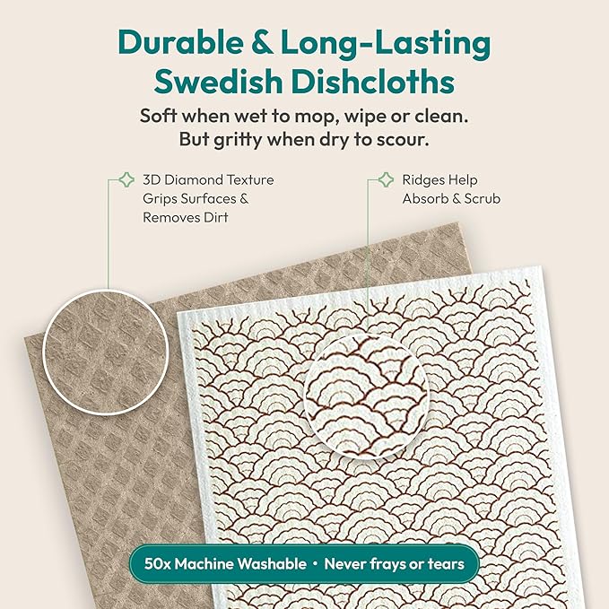 FEBU Swedish Dishcloths for Kitchen | 5 Pack Eastern Reusable Paper Towels Washable | Swedish Dish Towels | Non-Scratch Cellulose Sponge Cloths | No Odor, Biodegradable Cleaning Cloths