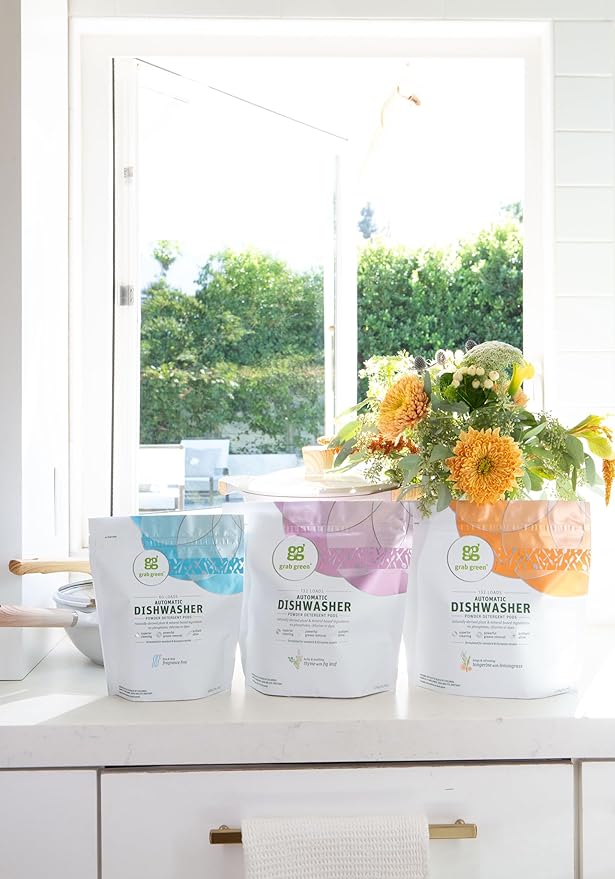 Grab Green Automatic Dishwashing Detergent Pods, 60 Count, Fragrance Free, Plant and Mineral Based, Superior Cleaning, Powerful Grease Removal, Brilliant Shine