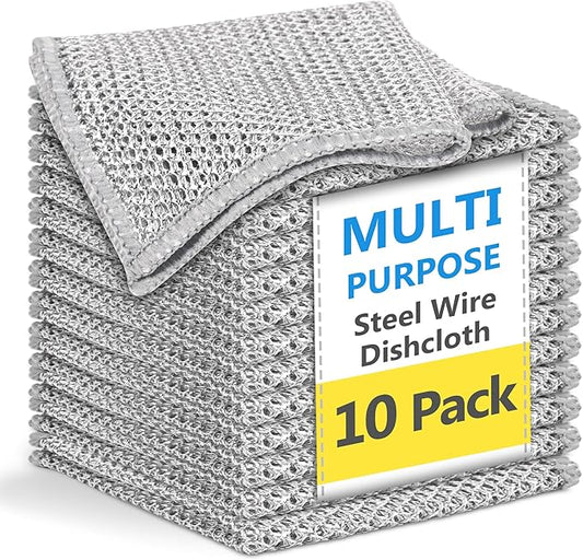 Double-Layer Wire Dishwashing Rag, Non Scratch Wire Dishcloth, Multipurpose Wire Cleaning Cloths for Dry and Wet Cleaning, Metal Dishcloth for Cookware/Sinks/Stove Tops (7.87 x 7.87inch - 10Pcs)