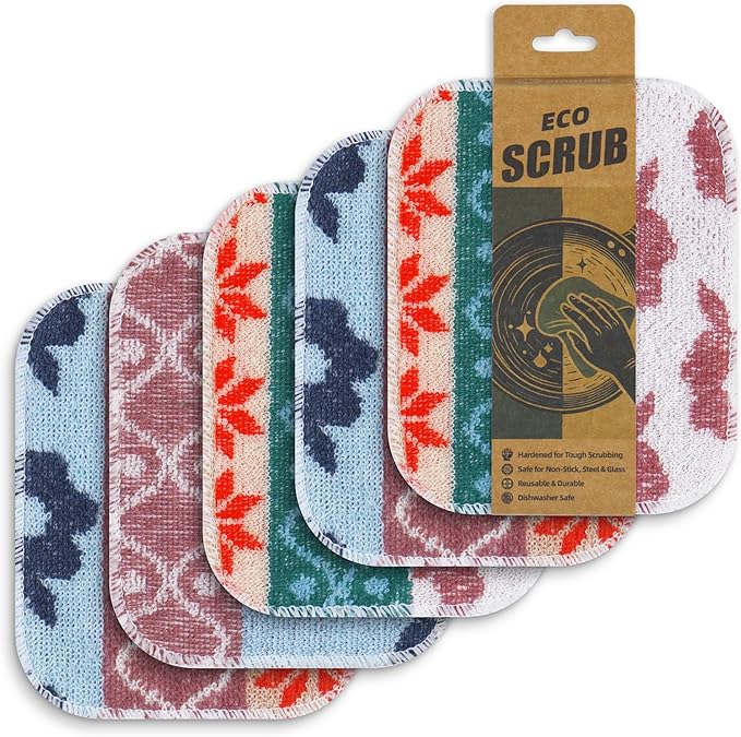 Amarelle GEN II Reusable Dish Scrubbers (5-Pack), Dual-Sided Heavy Duty Scouring Pads, Odor-Free & Machine Washable | Kitchen Scrub Cloth | Nano-Crystal Enhanced Technology (Nordic Folk)