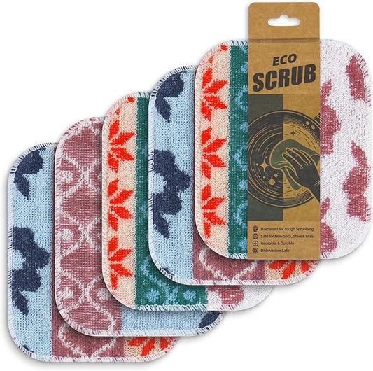 Amarelle GEN II Reusable Dish Scrubbers (5-Pack), Dual-Sided Heavy Duty Scouring Pads, Odor-Free & Machine Washable | Kitchen Scrub Cloth | Nano-Crystal Enhanced Technology (Nordic Folk)